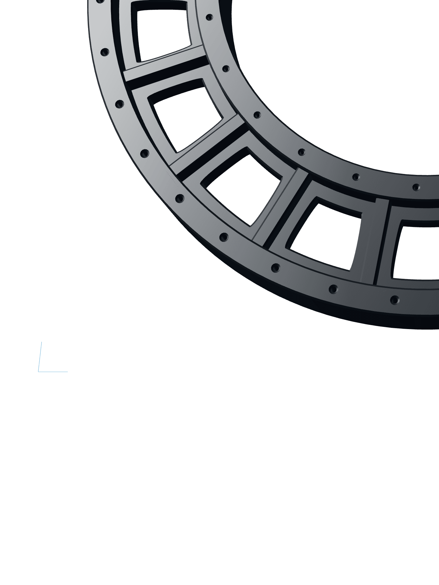 Close-up of a machined aerospace ring frame with pocketed web and bolt pattern