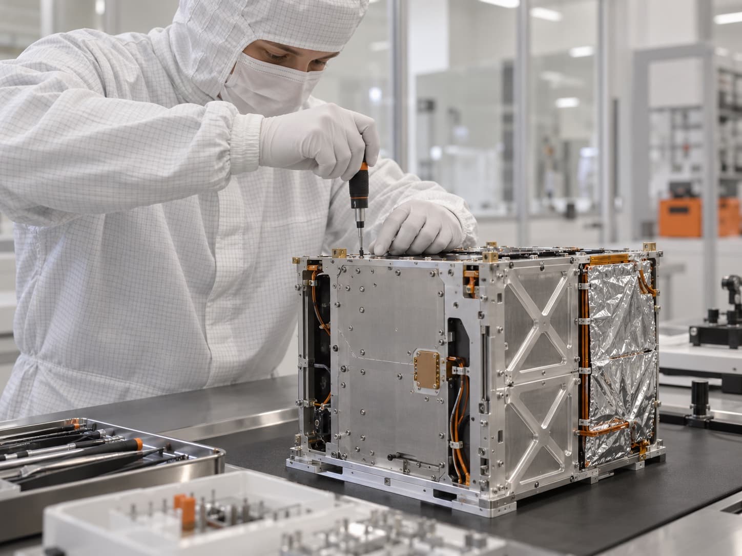 Technician assembling a satellite bus in a cleanroom