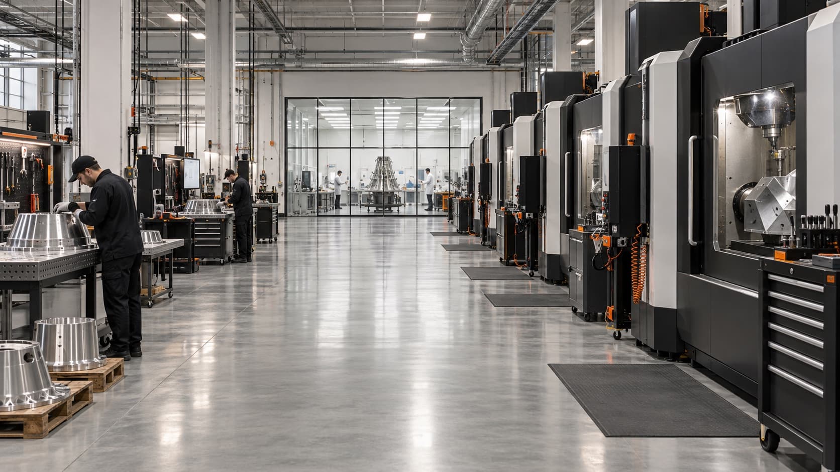 Rendering of a factory floor with a row of machining centers and a glass-walled cleanroom