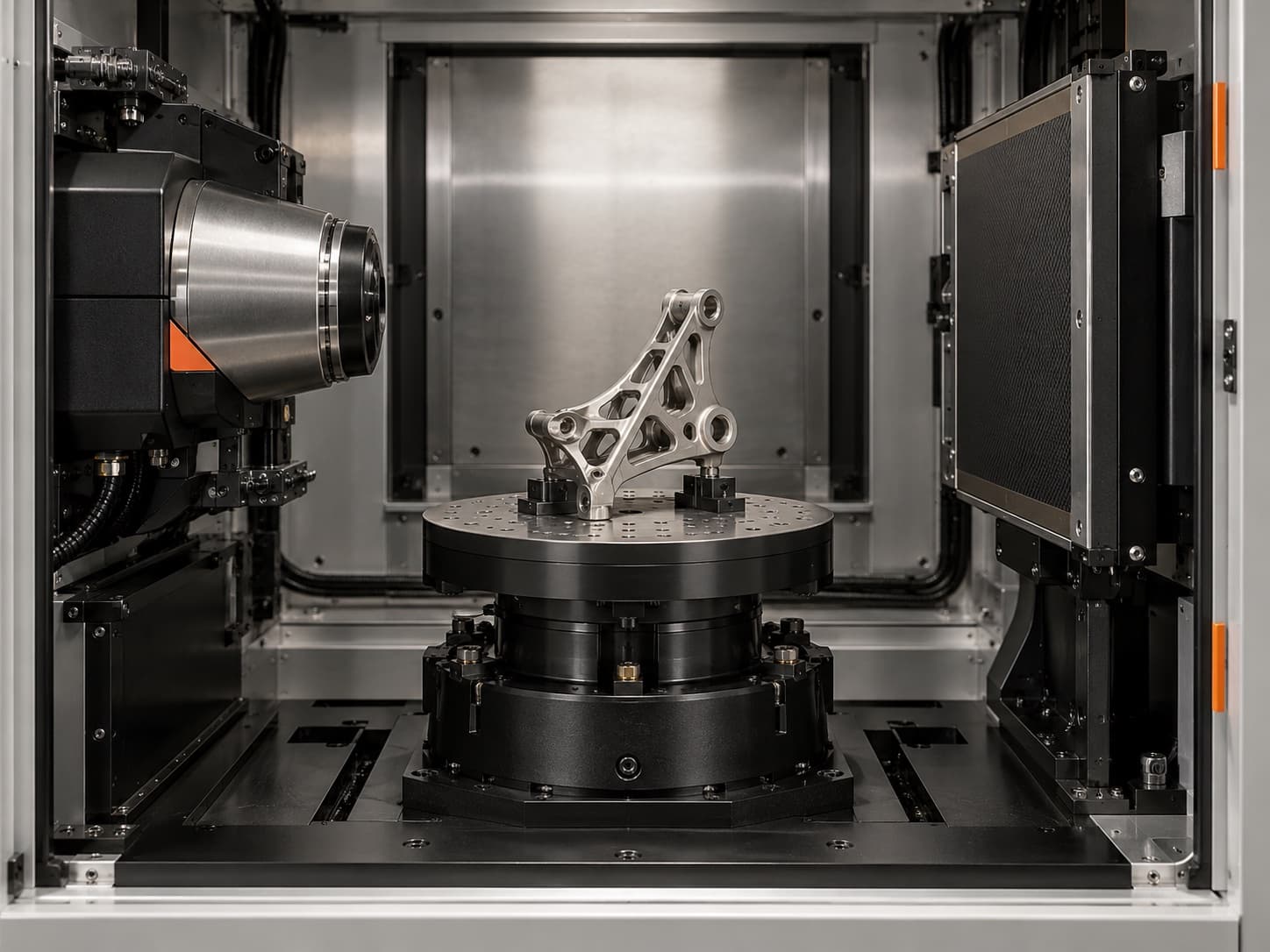 A machined part on an industrial CT scanner turntable
